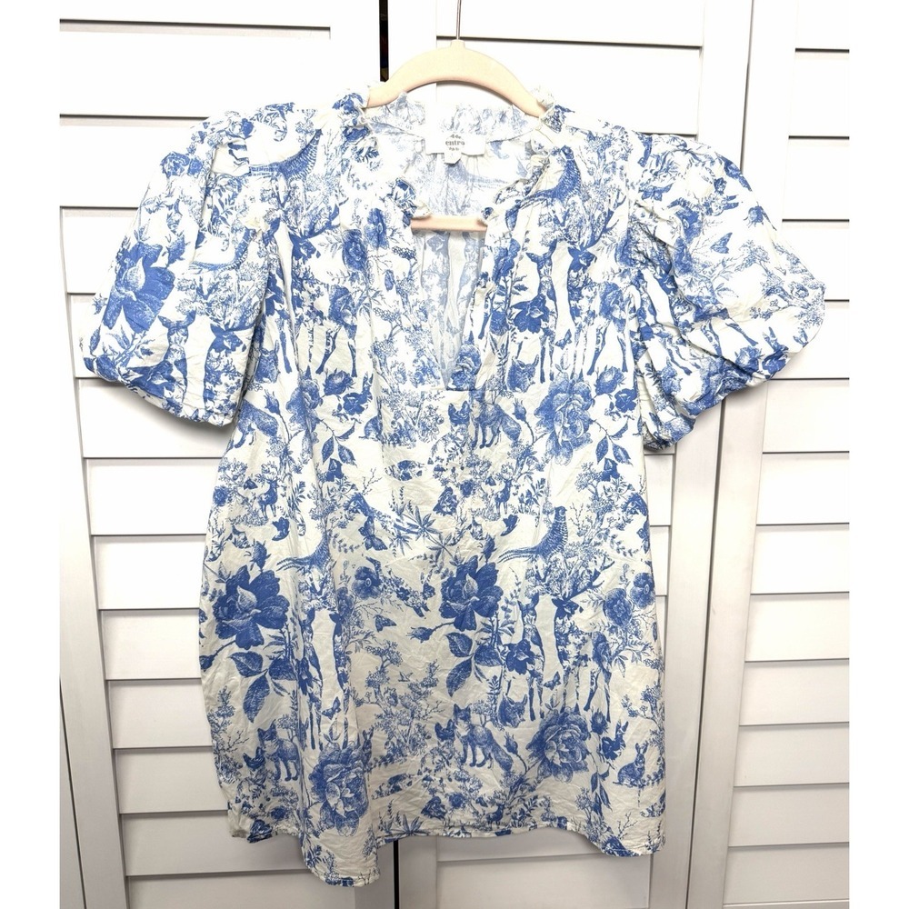 Entro Blue Cream Toile Woodland Wildlife Print Puff Sleeve Top Boho Size Large - Picture 2 of 9